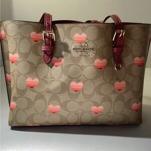 Coach Tan Tote with Pink Heart Design